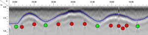 PEX Tube in Elevation View; green and red dots highlight tied and untied rebar.